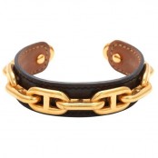 VINTAGE HERMES CHAIN MOTIF LEATHER BANGLE BLACK