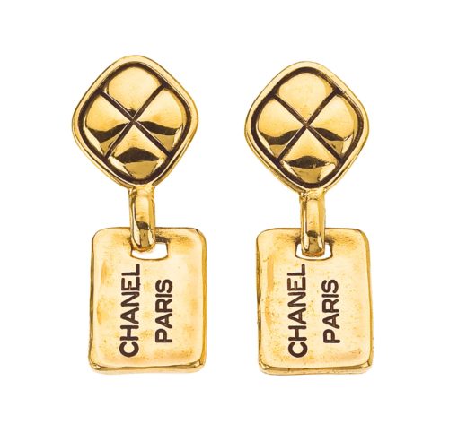 Vintage Chanel Chanel Paris Tag Earrings with Quilted Details