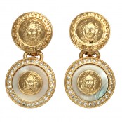 VINTAGE GIANNI VERSACE WHITE AND GOLD DANGLING EARRINGS WITH MEDUSA