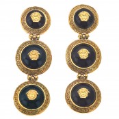 VINTAGE GIANNI VERSACE BLACK AND GOLD 3 MEDUSAS DANGLING EARRINGS