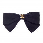 VINTAGE CHANEL BLACK BOW HAIR BARRETTE WITH CC