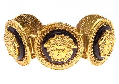 VINTAGE GIANNI VERSACE MASSIVE BLACK AND GOLD BRACELET WITH 5 MEDUSAS