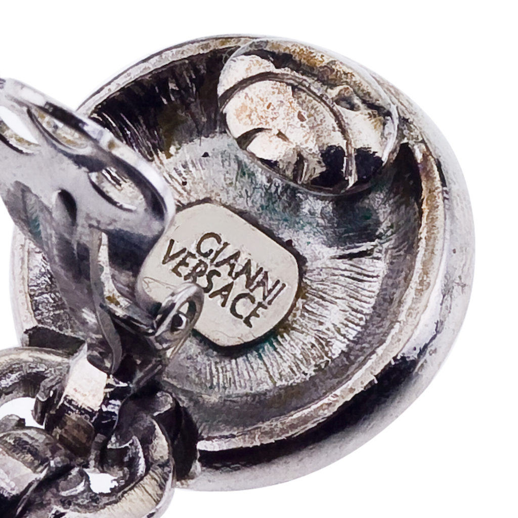 VINTAGE GIANNI VERSACE WHITE AND SILVER DANGLING EARRINGS WITH MEDUSA