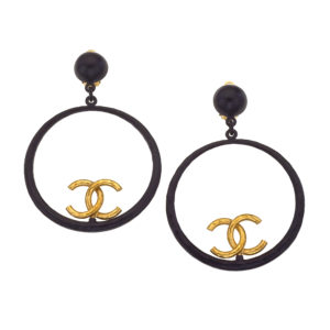 VINTAGE CHANEL LARGE BLACK AND GOLD HOOP EARRINGS
