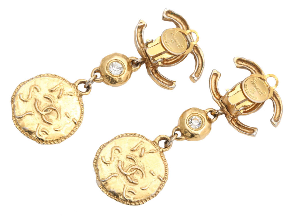 VINTAGE CHANEL LONG COIN DANGLING EARRINGS WITH CC